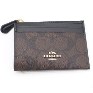 Coach Mini Skinny ID Case Brown Black Signature Canvas Card Holder Wallet